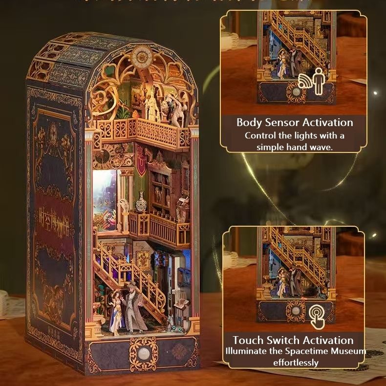 Image displaying the dual ways to light up Spacetime Museum DIY Book Nook Kit