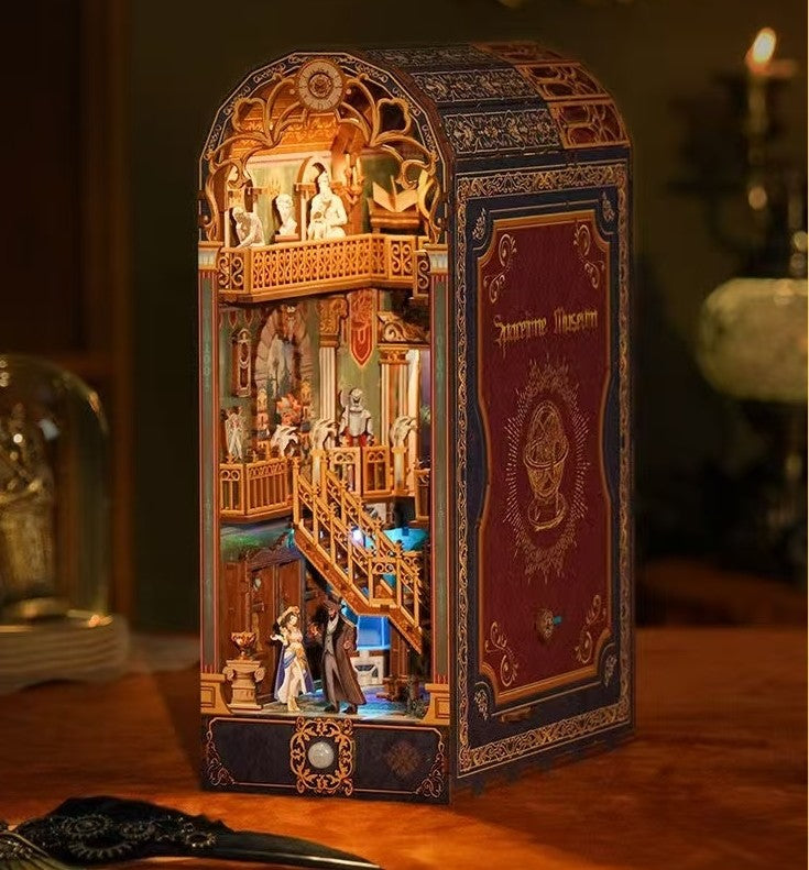 Image displaying the lit Spacetime Museum DIY Book Nook Kit at night time