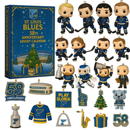 St. Louis Blues 58th Anniversary Advent Calendar with figurines and decorations.