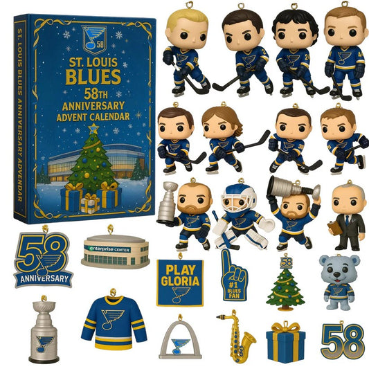 St. Louis Blues 58th Anniversary Advent Calendar with figurines and decorations.