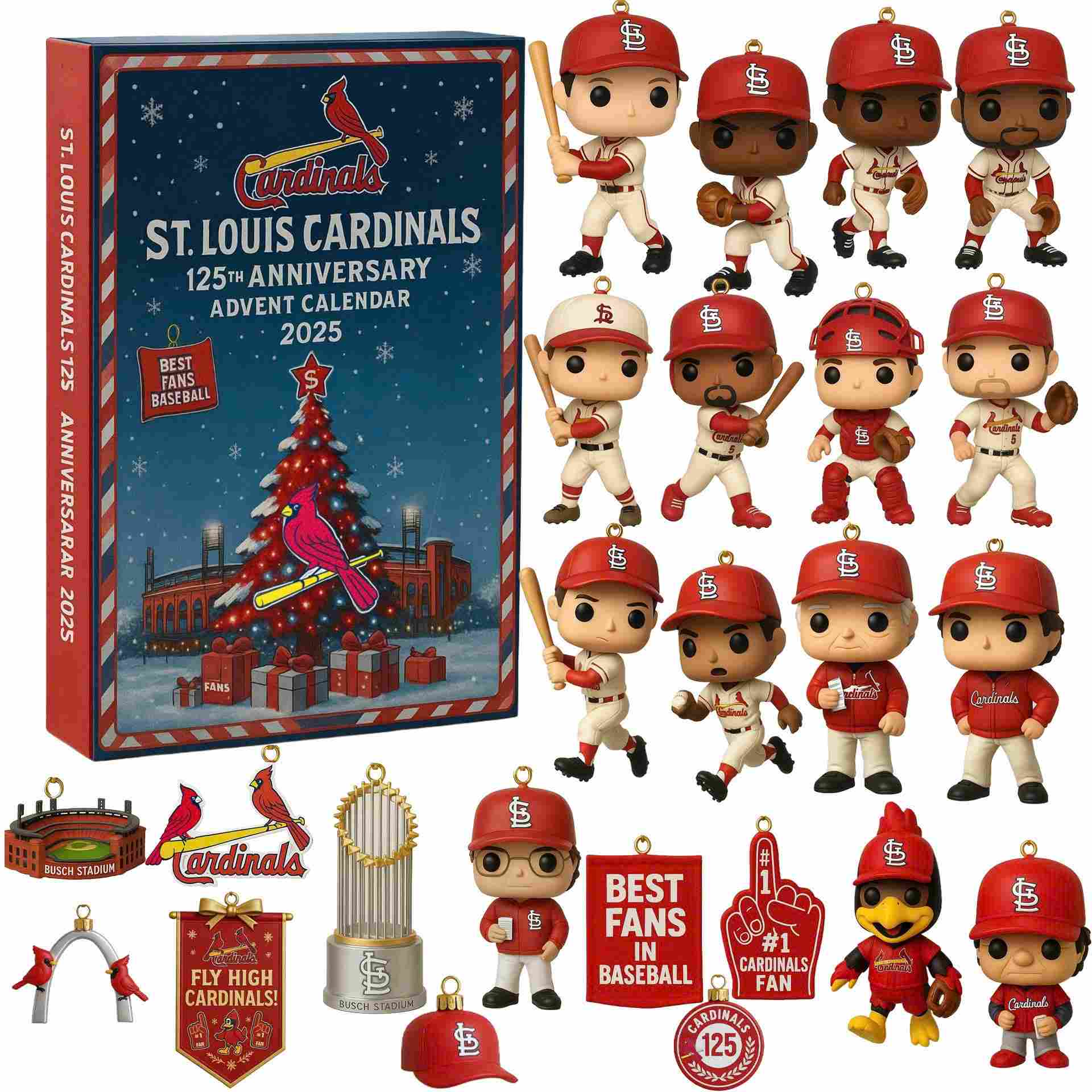 St. Louis Cardinals 125th Anniversary Advent Calendar with figurines and decorations.