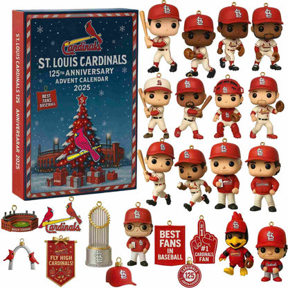 St. Louis Cardinals 125th Anniversary Advent Calendar with figurines and decorations.