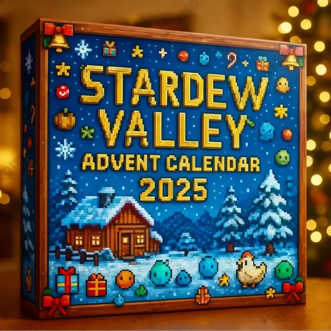 Stardew Valley Advent Calendar 2025 packaging with pixel art design on a blurred background