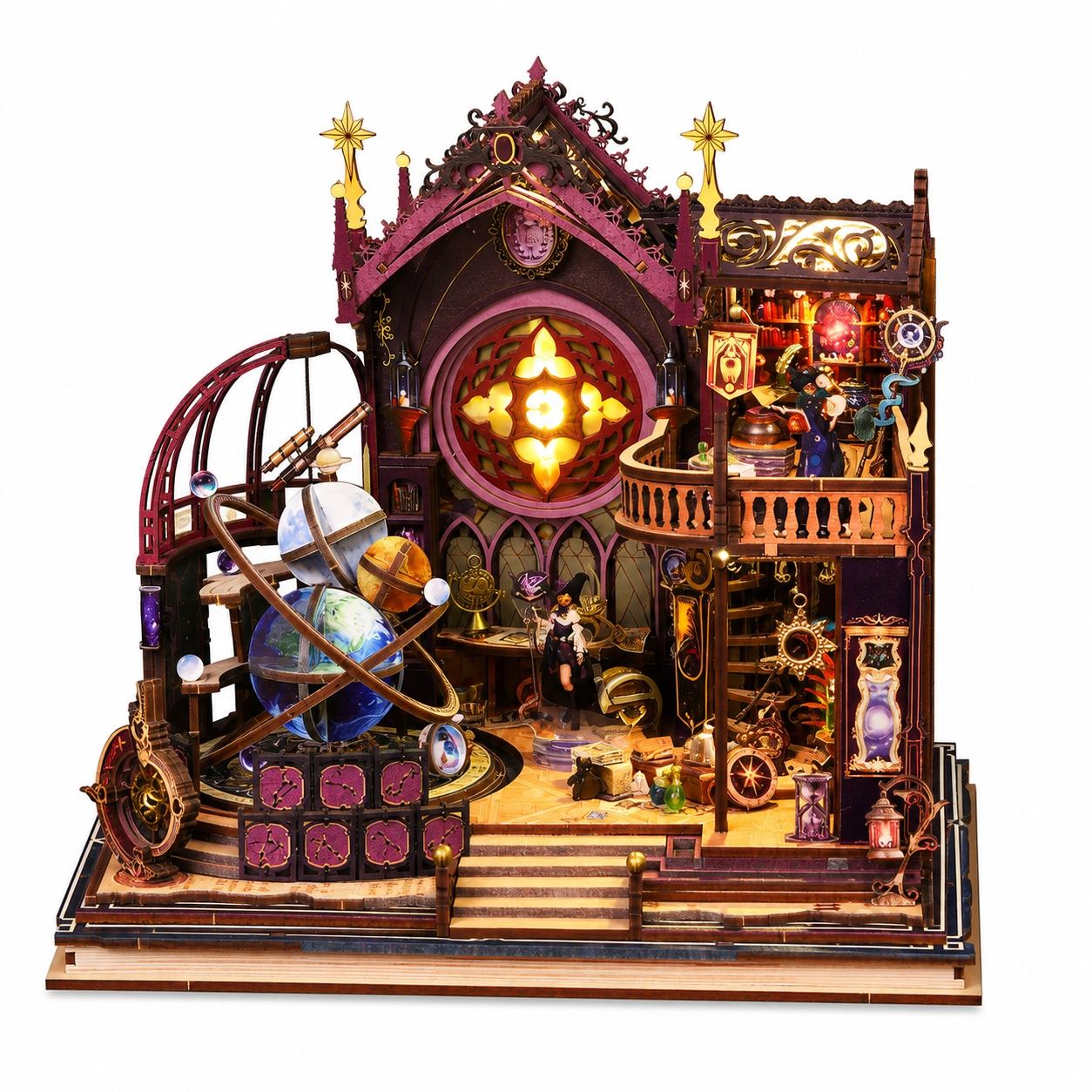 A highly detailed celestial-themed wooden model kit displayed on a clean white background. The intricate miniature structure features a multi-level house with a glowing central window, a large brass-style armillary sphere, gears, gears, and tiny figurines.