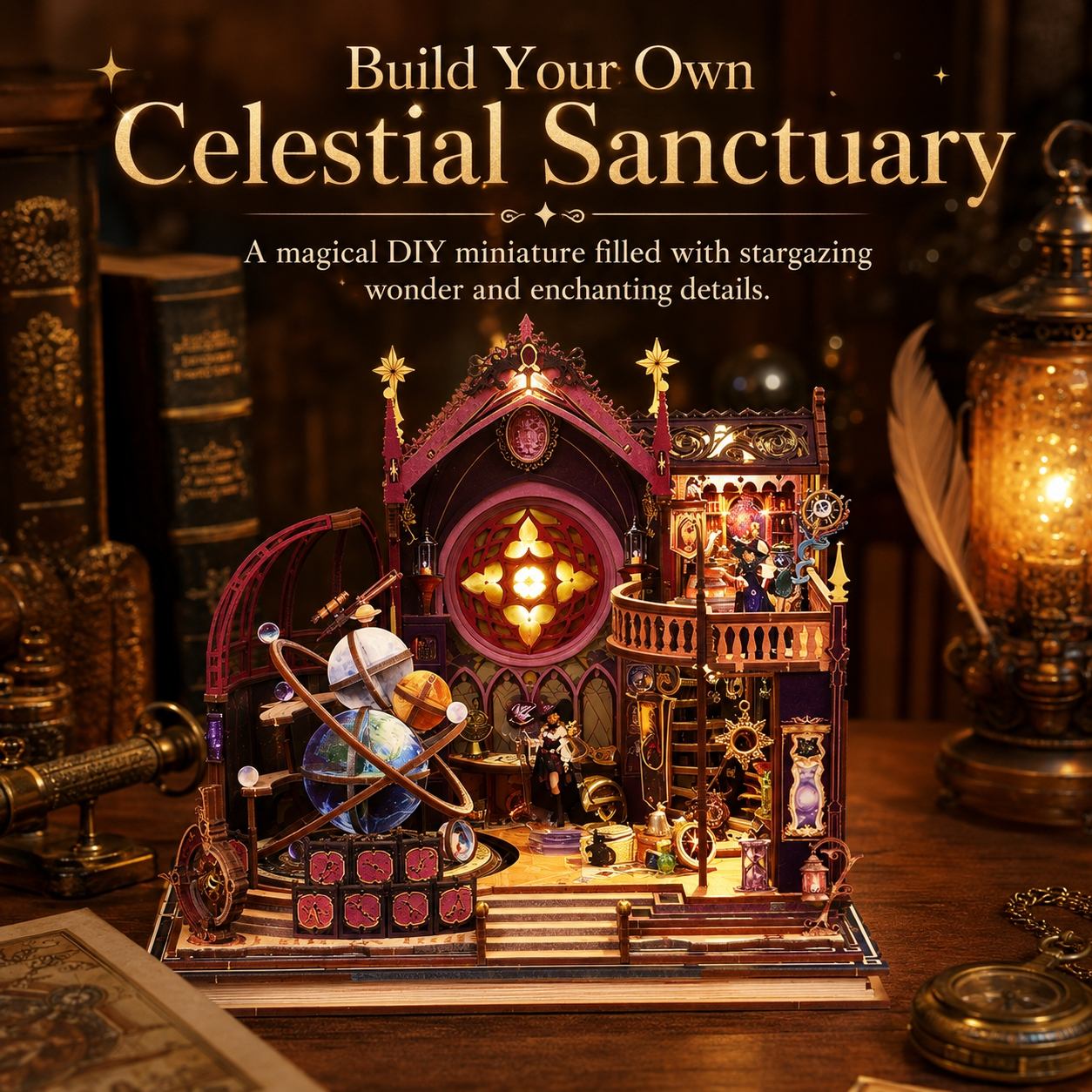A decorative miniature celestial observatory and house set displayed on a wooden surface, with books, a glowing lantern, and a feather quill in the background. Text at the top reads, 'Build Your Own Celestial Sanctuary.
