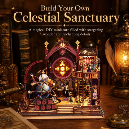 A decorative miniature celestial observatory and house set displayed on a wooden surface, with books, a glowing lantern, and a feather quill in the background. Text at the top reads, 'Build Your Own Celestial Sanctuary.