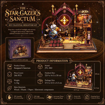 Product packaging and information card for 'The Star-Gazer's Sanctum' DIY Celestial Miniature Kit. The card features a large, highly-detailed rendering of the assembled miniature observatory, a smaller inset showing the product box, and a table of specifications including piece count (266 pieces), weight (1.