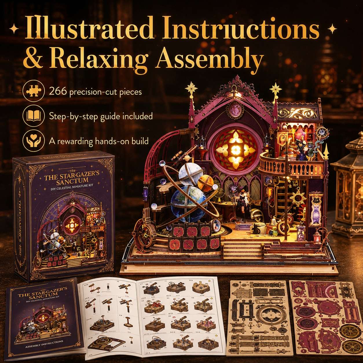 celestial-style wooden miniature model kit displayed with its box, instruction booklet, and cut pieces on a dark tabletop. Large text reads 'Illustrated Instructions & Relaxing Assembly' and highlights 266 precision-cut pieces, a step-by-step guide, and a rewarding hands-on build.