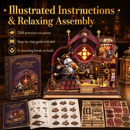 celestial-style wooden miniature model kit displayed with its box, instruction booklet, and cut pieces on a dark tabletop. Large text reads 'Illustrated Instructions & Relaxing Assembly' and highlights 266 precision-cut pieces, a step-by-step guide, and a rewarding hands-on build.