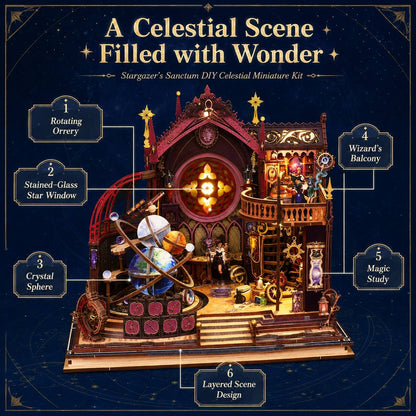 A steampunk-style celestial miniature kit displayed on a dark starry background, with six labeled callouts pointing to features such as a rotating orrery, stained-glass star window, crystal sphere, wizard's balcony, magic study, and layered scene design. The product is a decorative model set rather than packaging alone.