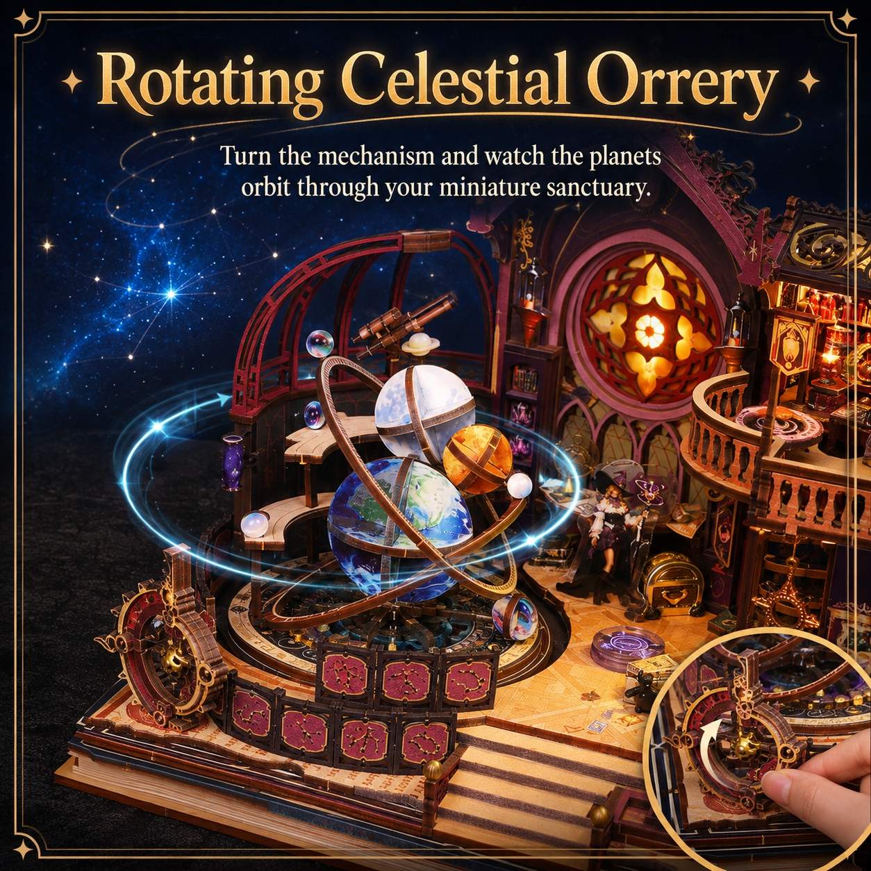 A decorative miniature celestial model set in a dark, ornate room with planets on rings, glowing circular elements, and text reading 'Rotating Celestial Orrery.' A hand is visible in the lower-right inset showing a mechanism in close-up.