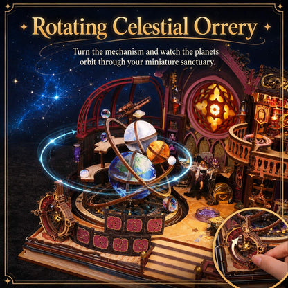 A decorative miniature celestial model set in a dark, ornate room with planets on rings, glowing circular elements, and text reading 'Rotating Celestial Orrery.' A hand is visible in the lower-right inset showing a mechanism in close-up.