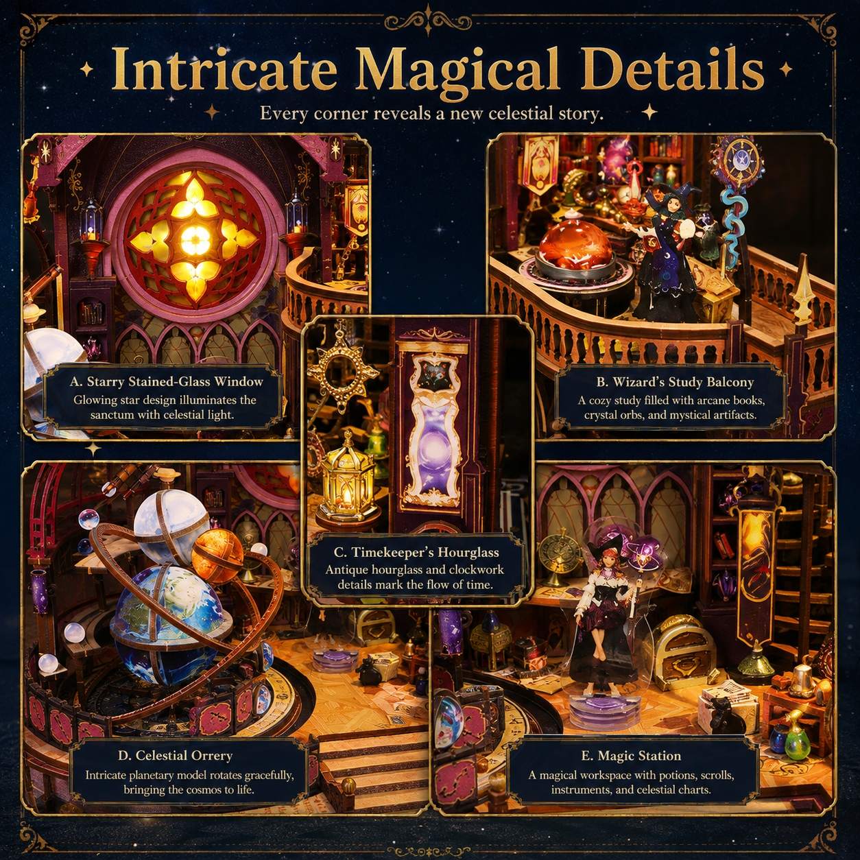 A collage for a magical room set or puzzle, showing five detailed interior scenes with decorative labels: a glowing stained-glass window, a wizard's study balcony, a timekeeper's hourglass, a celestial orrery model, and a magic station. The layout is framed by a dark ornate border with the headline 'Intricate Magical Details' and supporting text.