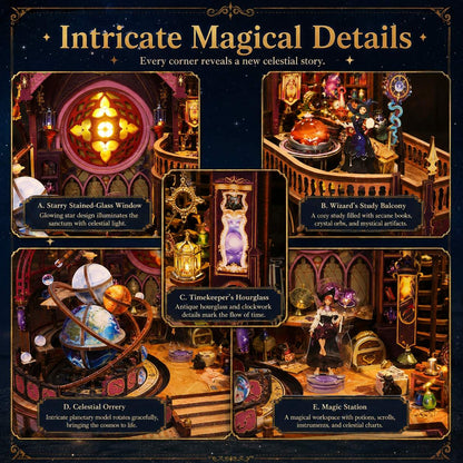 A collage for a magical room set or puzzle, showing five detailed interior scenes with decorative labels: a glowing stained-glass window, a wizard's study balcony, a timekeeper's hourglass, a celestial orrery model, and a magic station. The layout is framed by a dark ornate border with the headline 'Intricate Magical Details' and supporting text.