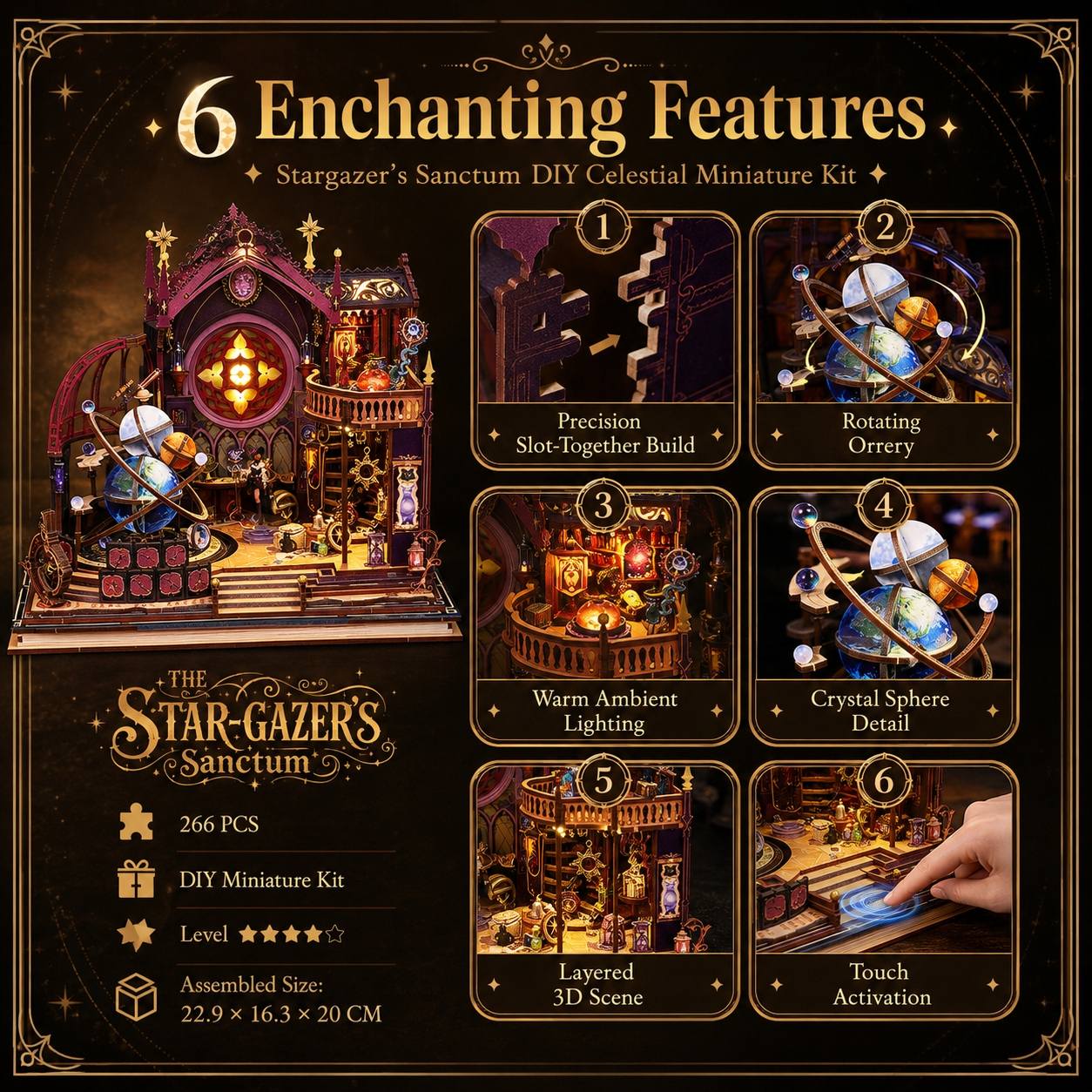 Graphic for the Star-Gazer's Sanctum DIY Celestial Miniature Kit, showing the assembled miniature structure on the left and six feature callouts on the right. A human hand is visible touching the kit at the bottom right, so by the schema this is Lifestyle rather than Product/Packaging, even though the layout is mostly informational.