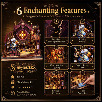 Graphic for the Star-Gazer's Sanctum DIY Celestial Miniature Kit, showing the assembled miniature structure on the left and six feature callouts on the right. A human hand is visible touching the kit at the bottom right, so by the schema this is Lifestyle rather than Product/Packaging, even though the layout is mostly informational.