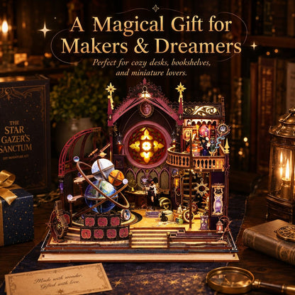 A steampunk-style celestial miniature gift set displayed on a bookshelf, featuring a detailed model city with gears, clocks, a globe, and small figurines, surrounded by warm books and candles. Large text at the top reads, 'A Magical Gift for Makers & Dreamers.