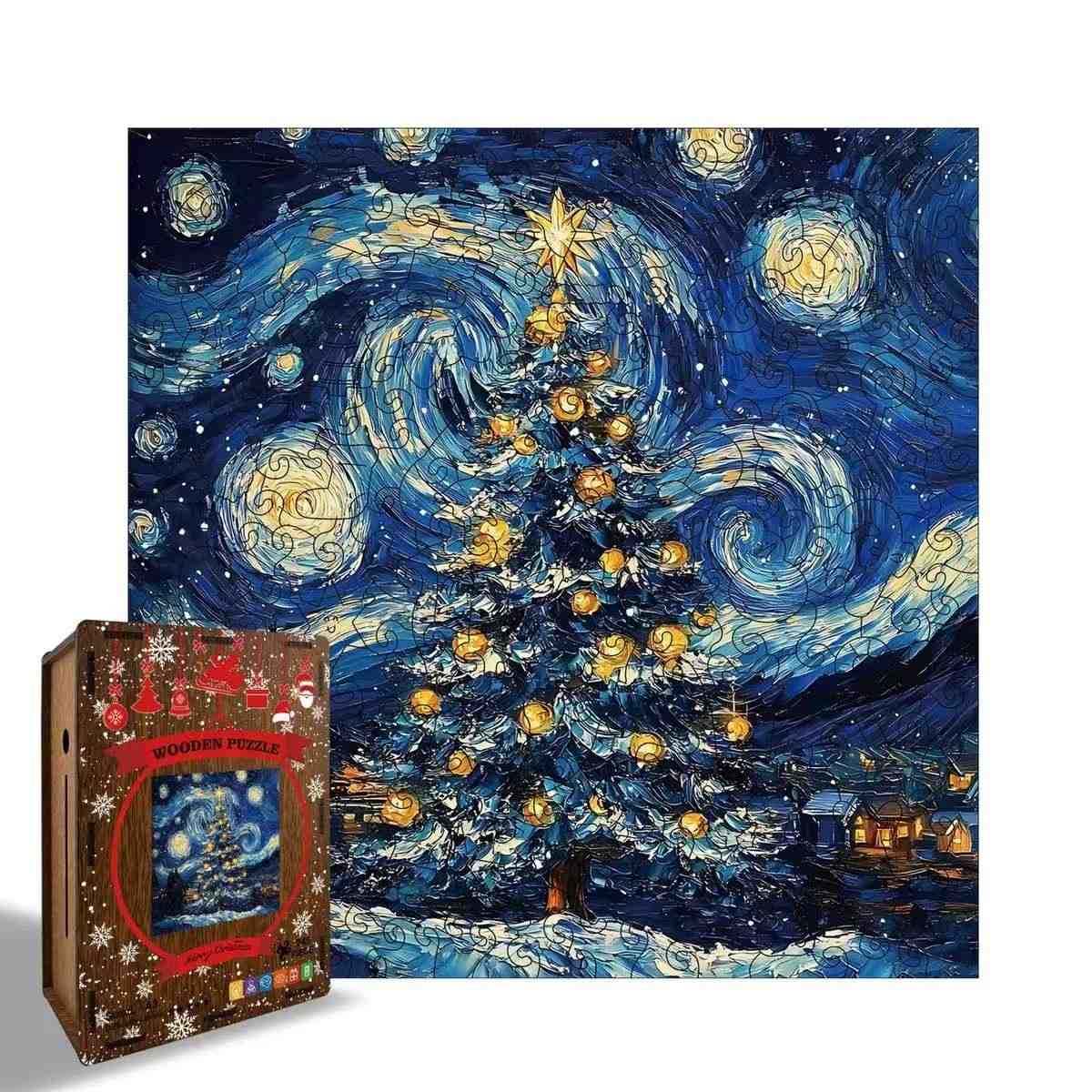 Jigsaw puzzle box with 'Starry Night' Christmas tree design