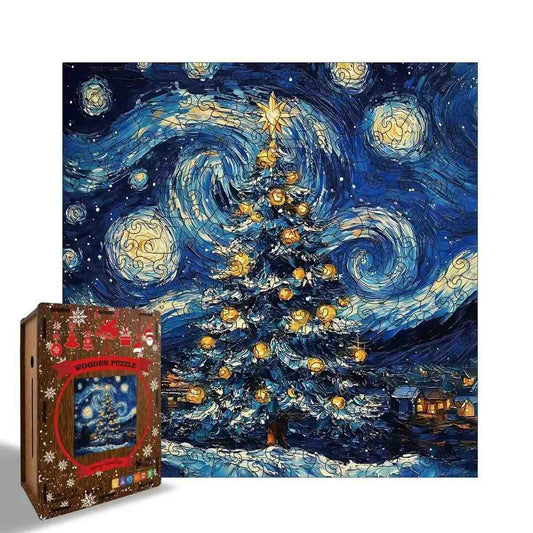 Jigsaw puzzle box with 'Starry Night' Christmas tree design