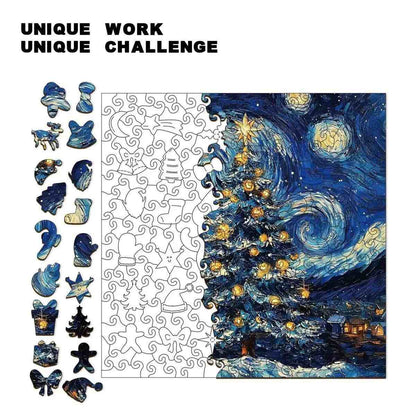 Jigsaw puzzle with Christmas tree design and decorative elements on a white background.