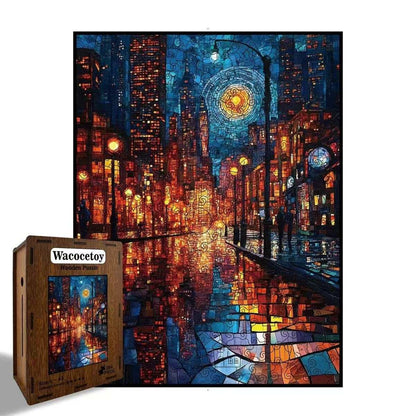 Starry Night Cityscape Wooden Jigsaw Puzzle - Stained Glass Art Unique Pieces