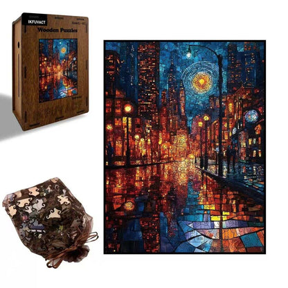 Starry Night Cityscape Wooden Jigsaw Puzzle - Stained Glass Art Unique Pieces