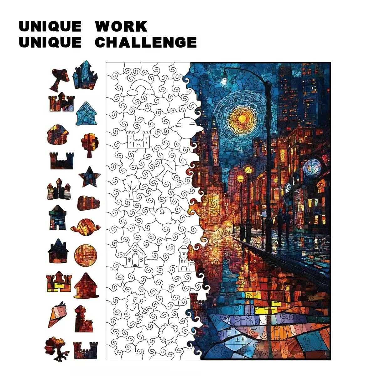 Starry Night Cityscape Wooden Jigsaw Puzzle - Stained Glass Art Unique Pieces