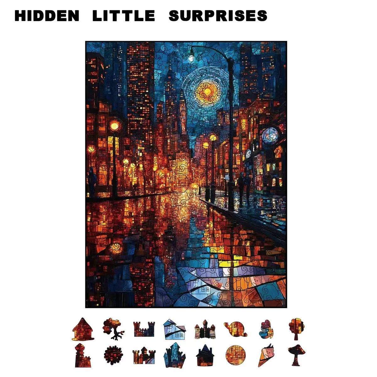 Starry Night Cityscape Wooden Jigsaw Puzzle - Stained Glass Art Unique Pieces