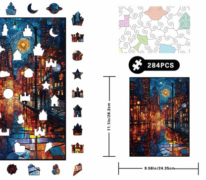Jigsaw puzzle with pieces and a completed puzzle of a cityscape at night.