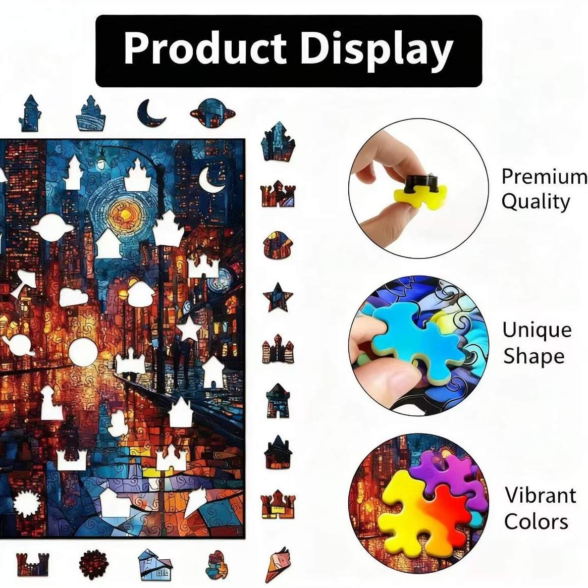 Starry Night Cityscape Wooden Jigsaw Puzzle - Stained Glass Art Unique Pieces