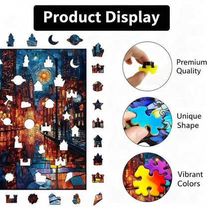 Starry Night Cityscape Wooden Jigsaw Puzzle - Stained Glass Art Unique Pieces
