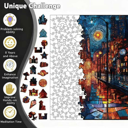 Starry Night Cityscape Wooden Jigsaw Puzzle - Stained Glass Art Unique Pieces