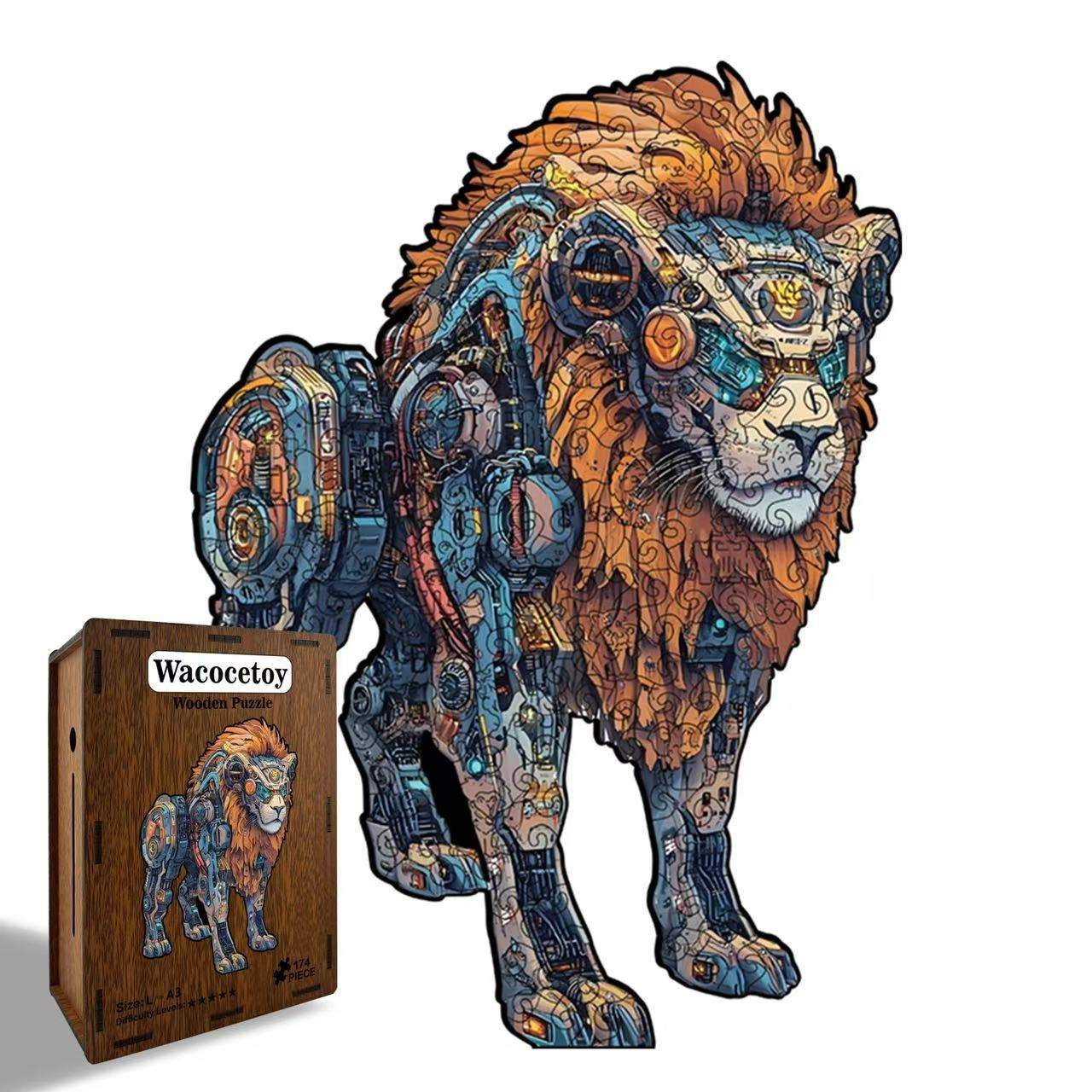 Steampunk Lion Wooden Jigsaw Puzzle - Mechanical Art Animal Gift for Adults