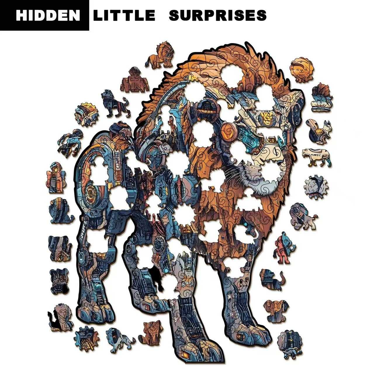 Steampunk Lion Wooden Jigsaw Puzzle - Mechanical Art Animal Gift for Adults