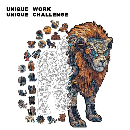 Steampunk Lion Wooden Jigsaw Puzzle - Mechanical Art Animal Gift for Adults