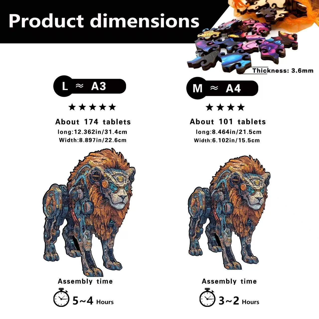 Steampunk Lion Wooden Jigsaw Puzzle - Mechanical Art Animal Gift for Adults