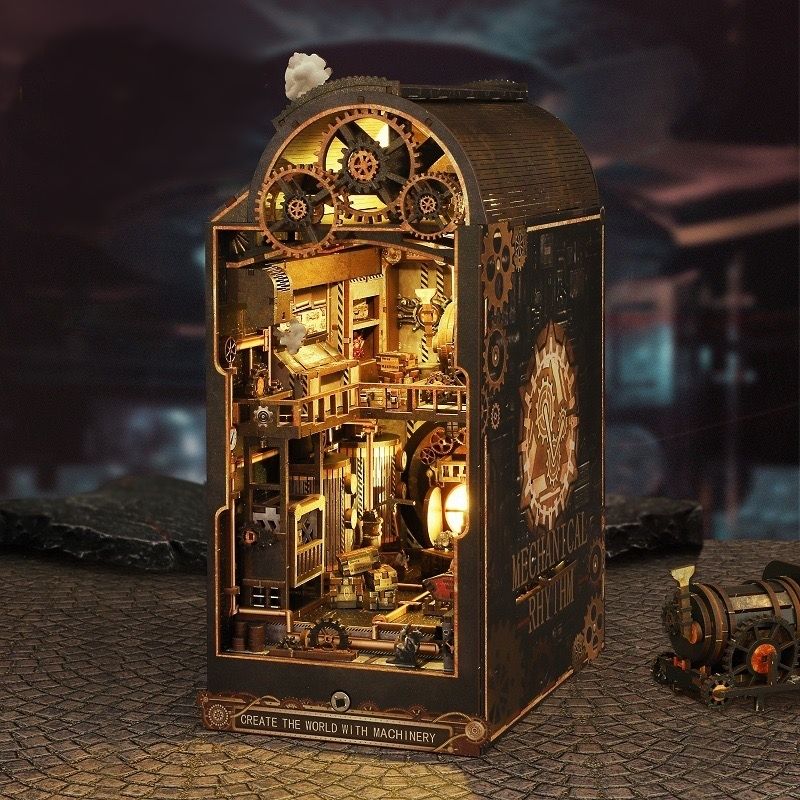 image displaying the finished Steampunk World DIY Book Nook Kit in vintage punk table setting