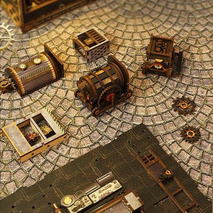 image displaying the miniature items in the Steampunk World DIY Book Nook Kit