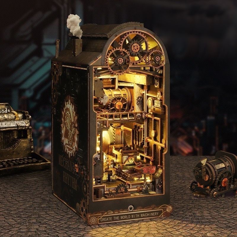 image displaying the finished Steampunk World DIY Book Nook Kit in vintage punk table setting