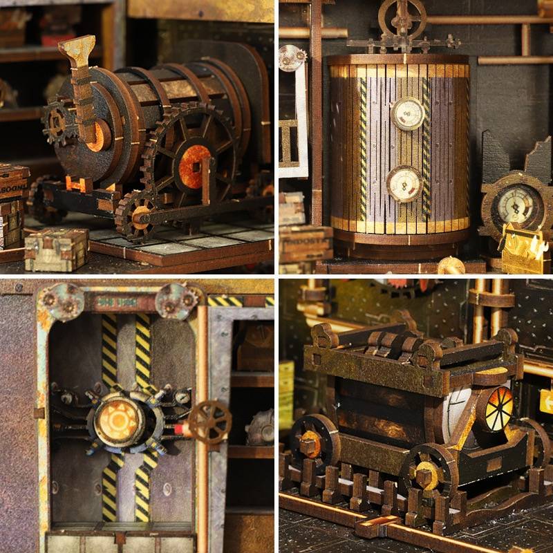 image displaying the miniature scenes of Steampunk World DIY Book Nook Kit