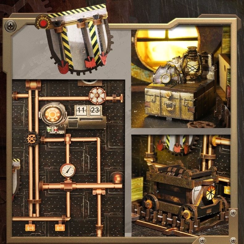 image displaying the details of finished Steampunk World DIY Book Nook Kit