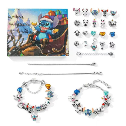 Jewelry set with charms and bracelets on a white background, featuring a cartoon character on a box.