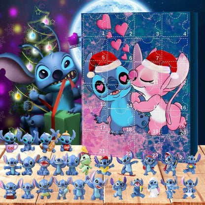  advent calendar with cartoon Stitch characters and small figures on a colorful background