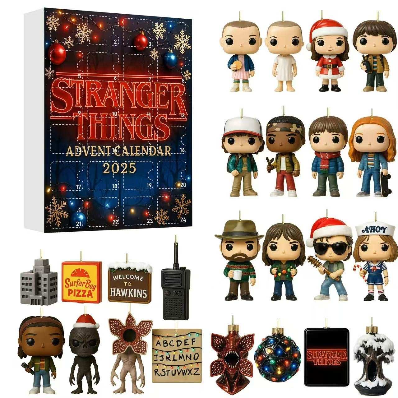 Stranger Things Advent Calendar with figures and decorations on a white background