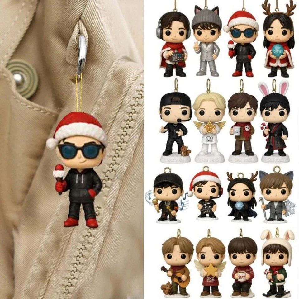 Collection of character figurines with a focus on a keychain and additional figures displayed.