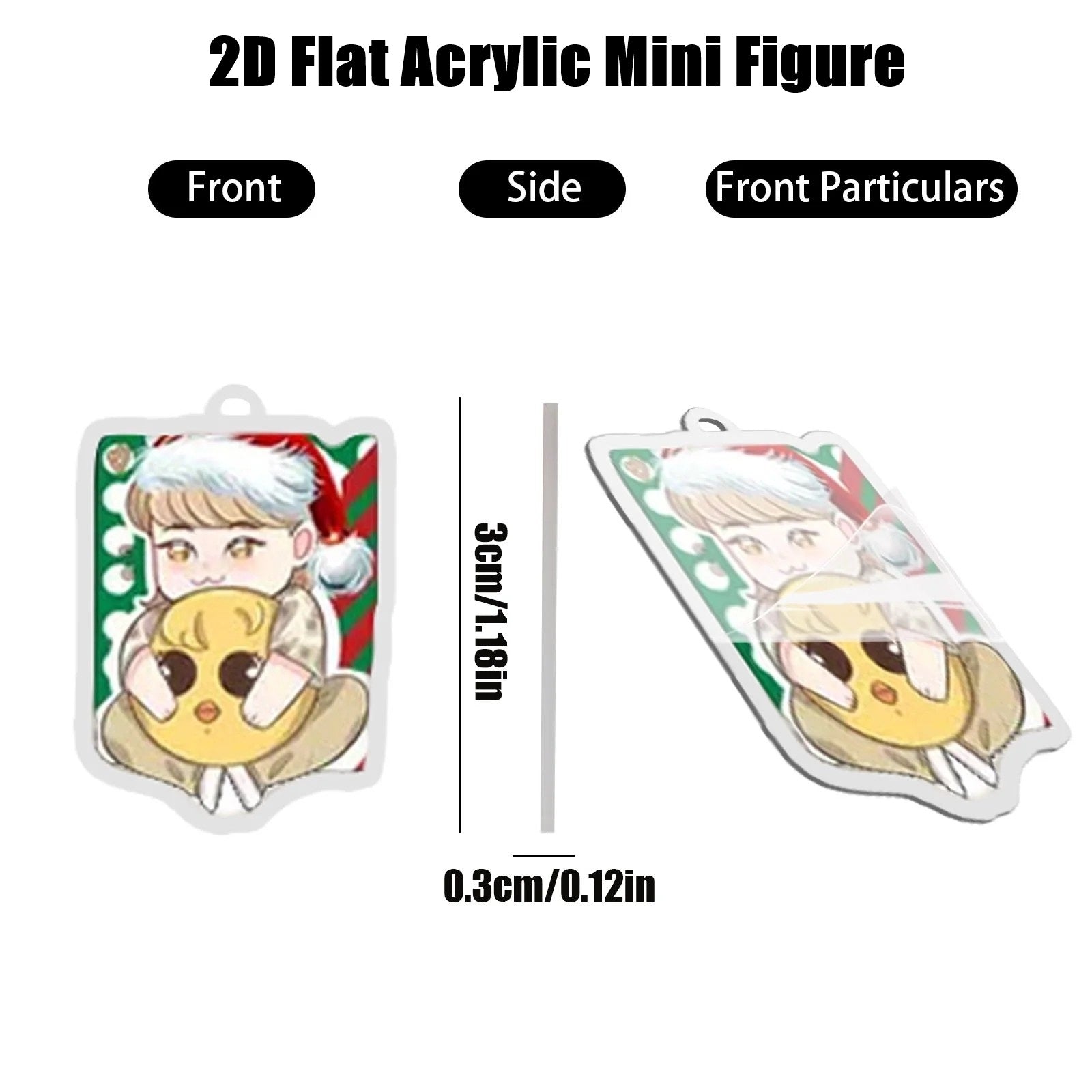 2D flat acrylic mini figure with front, side, and detailed front views, showing dimensions.
