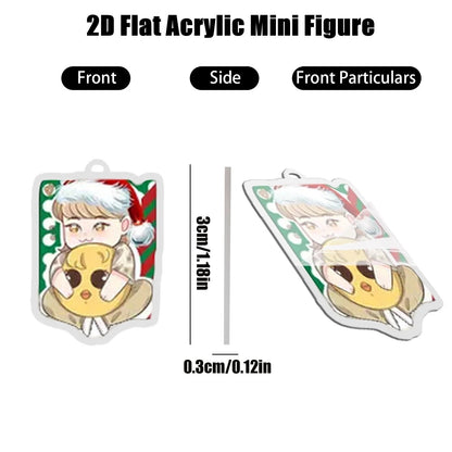 2D flat acrylic mini figure with front, side, and detailed front views, showing dimensions.