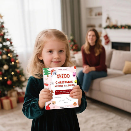 Child holding a Christmas advent calendar in a festive living room.