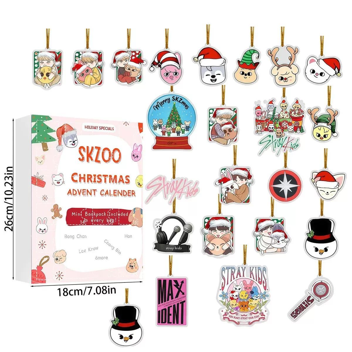 SKZOO Christmas advent calendar with various cartoon character designs on a white background.