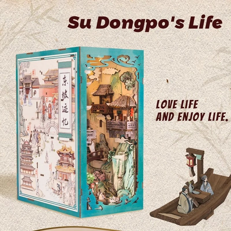 Su Dongpo's Life DIY Book Nook Kit | Bookshelf Inserts Decor Diorama | 3D Wooden Puzzles Bookend | Miniature House crafts